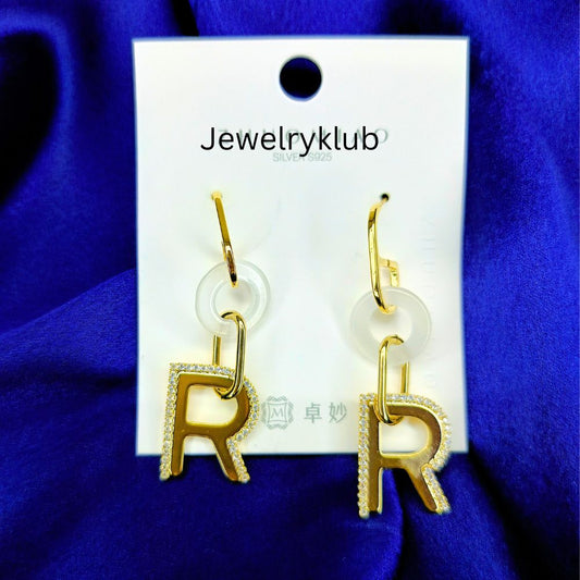 Zircon Studded Earrings Letter R Gold Plated For Girls Women