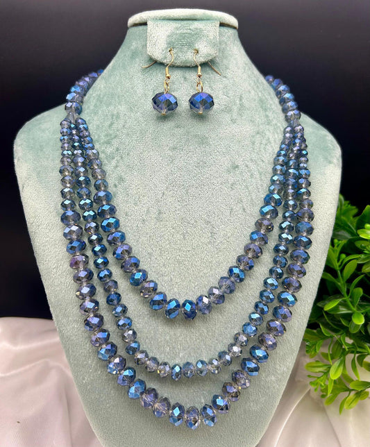 Jewelryklub Fancy Stylish 3 Layer Crystal Beads Necklace & Earrings Combo Accessories For Everyday Wear For Women (Blue)