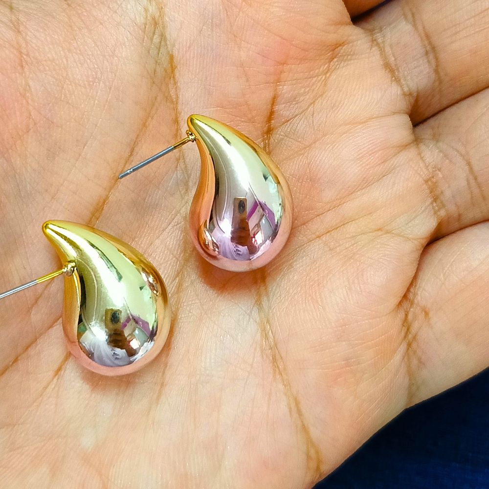 Dual Metallic Colored Chunky Tear Drop Fashion Jewelry Earrings For Women & Girls - Light Pink Gold