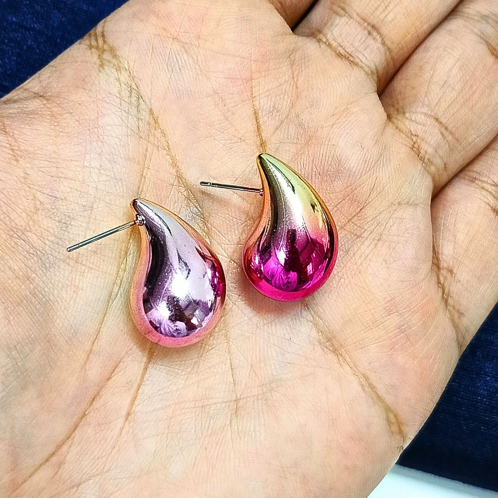 Dual Metallic Colored Chunky Tear Drop Fashion Jewelry Earrings For Women & Girls - Dark Pink Gold