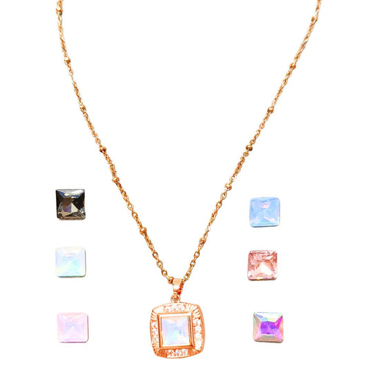 Anti Tarnish American Diamond Detachable Stones Pendant Chain Set With 7 Colored Stones For Girls Women - Square Shape