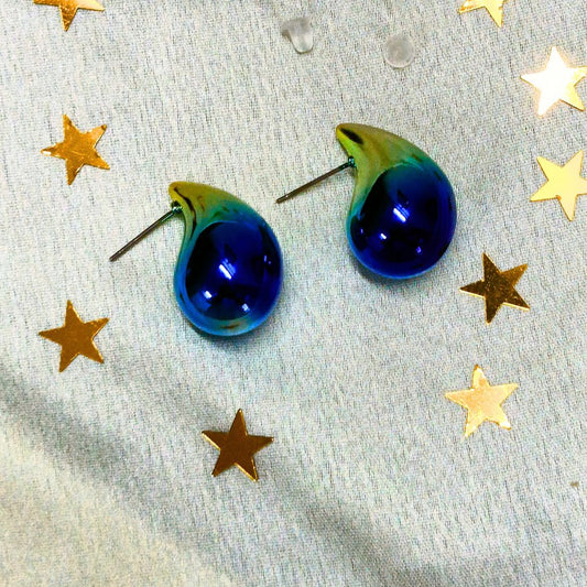 Dual Metallic Colored Chunky Tear Drop Fashion Jewelry Earrings For Women & Girls - Blue Gold