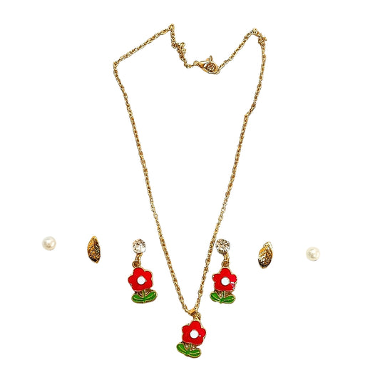 Jewelry Combo Set (1 Pendant Necklace Chain + 3 Pairs Stud Earrings) For Women and Girls (Design B)