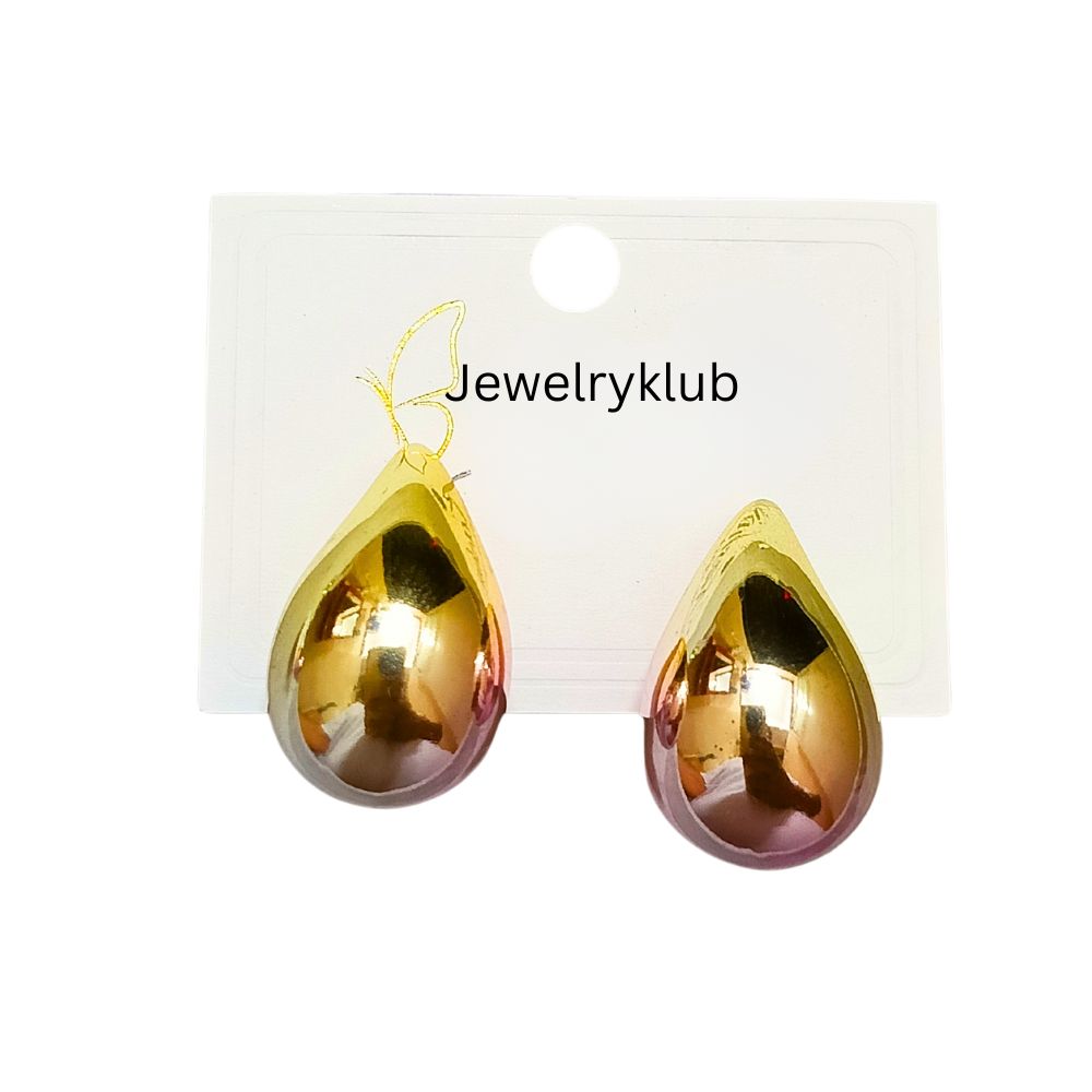 Dual Metallic Colored Chunky Tear Drop Fashion Jewelry Earrings For Women & Girls - Light Pink Gold