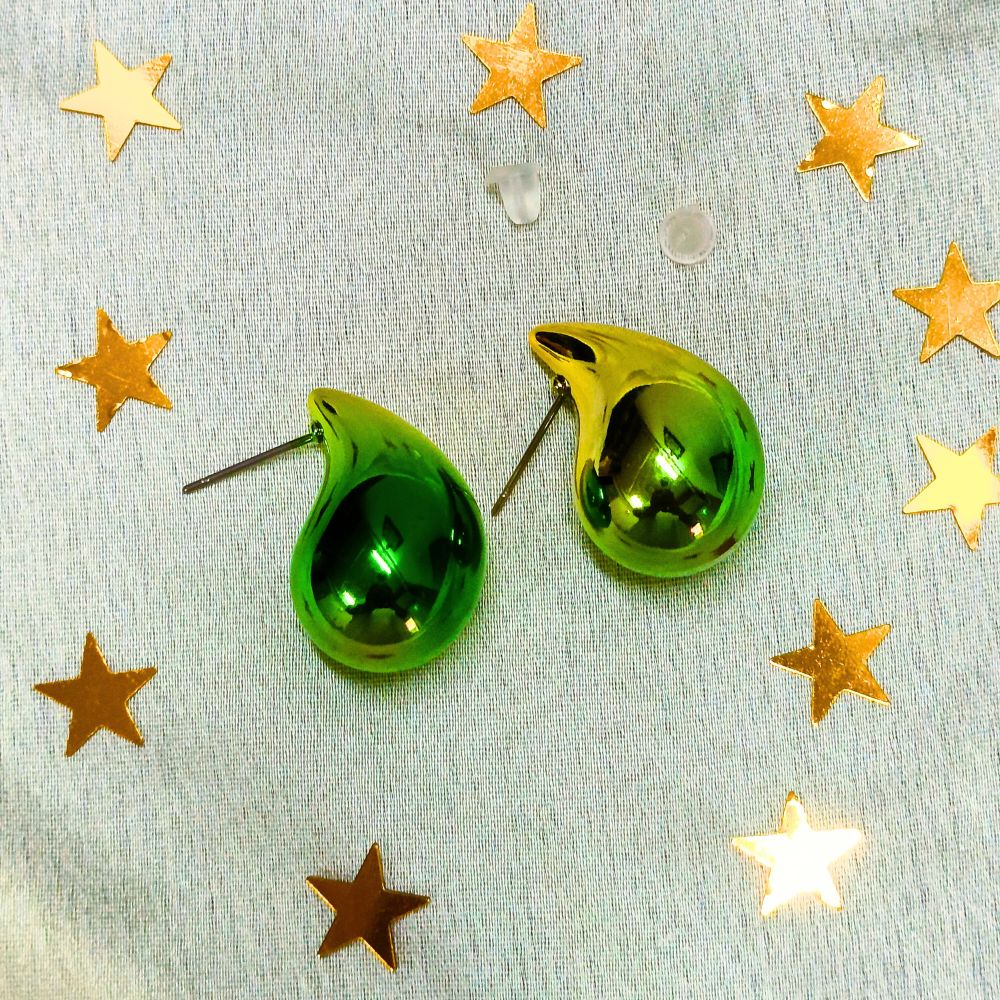 Dual Metallic Colored Chunky Tear Drop Fashion Jewelry Earrings For Women & Girls - Green Gold