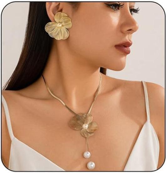 Jewelryklub Gold Floral Pearl Necklace and Earring Set – Elegant Statement Jewelry for Women & Girls