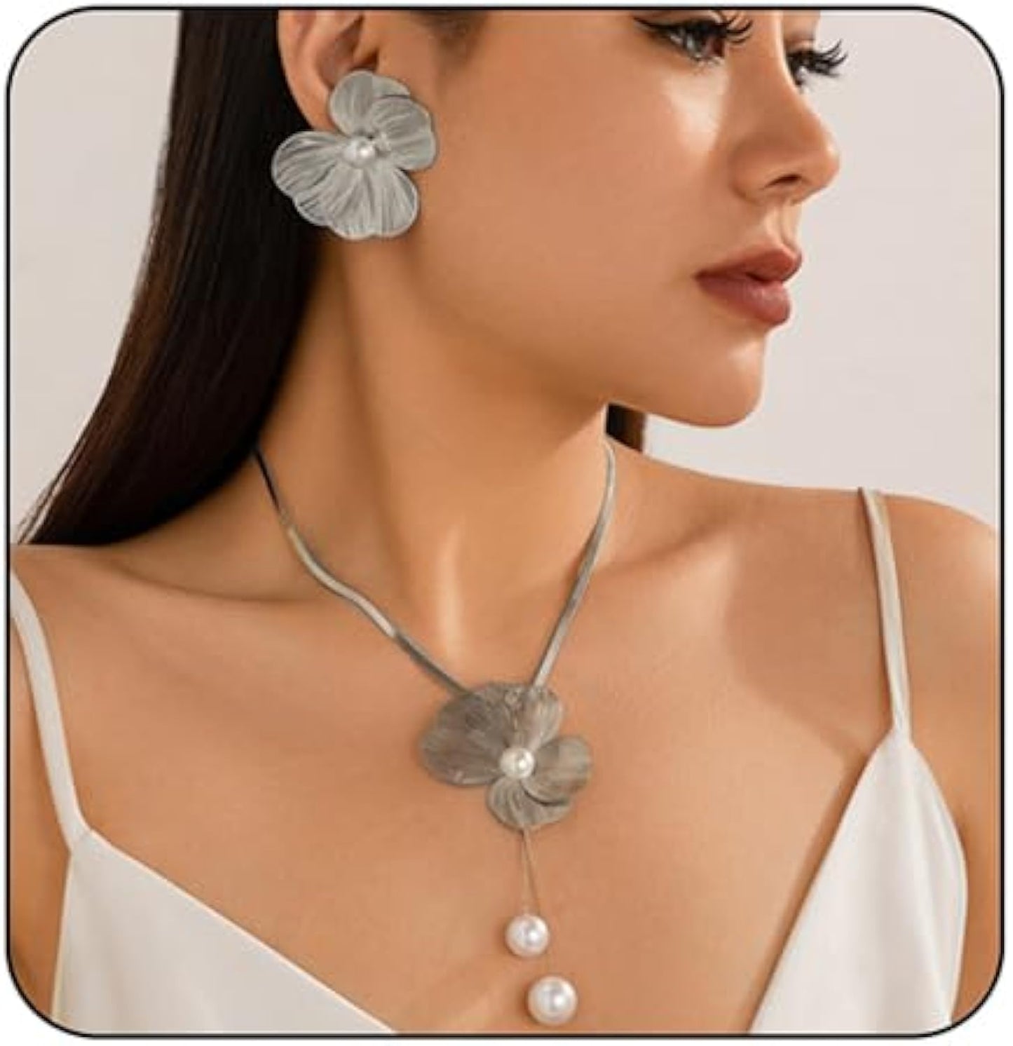 Jewelryklub Silver Floral Pearl Necklace and Earring Set – Elegant Statement Jewelry for Women & Girls