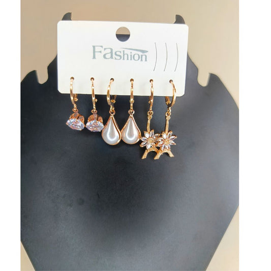 Combo Of 3 Pairs American Diamond Earrings With Stone & Pearls For Girls Women