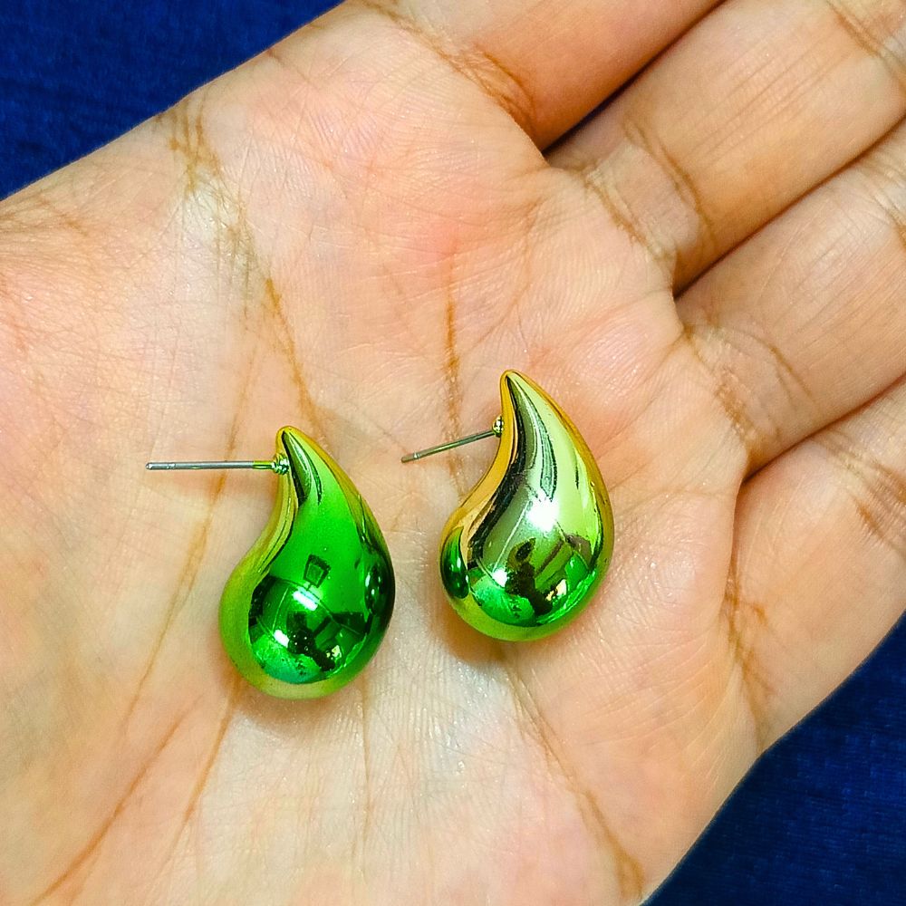 Dual Metallic Colored Chunky Tear Drop Fashion Jewelry Earrings For Women & Girls - Green Gold