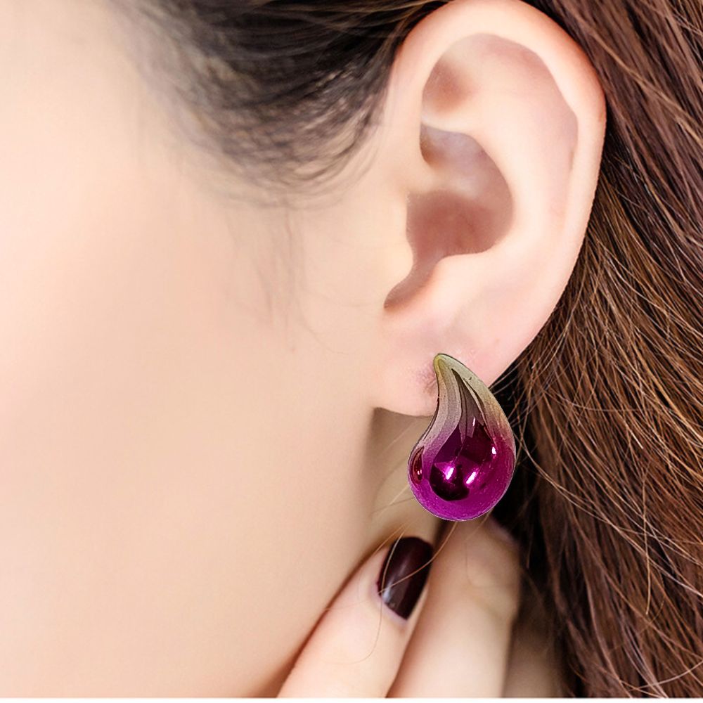 Dual Metallic Colored Chunky Tear Drop Fashion Jewelry Earrings For Women & Girls - Dark Pink Gold