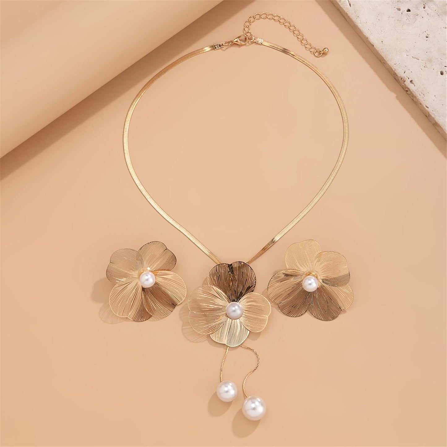 Jewelryklub Gold Floral Pearl Necklace and Earring Set – Elegant Statement Jewelry for Women & Girls