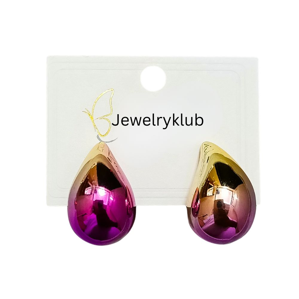 Dual Metallic Colored Chunky Tear Drop Fashion Jewelry Earrings For Women & Girls - Dark Pink Gold