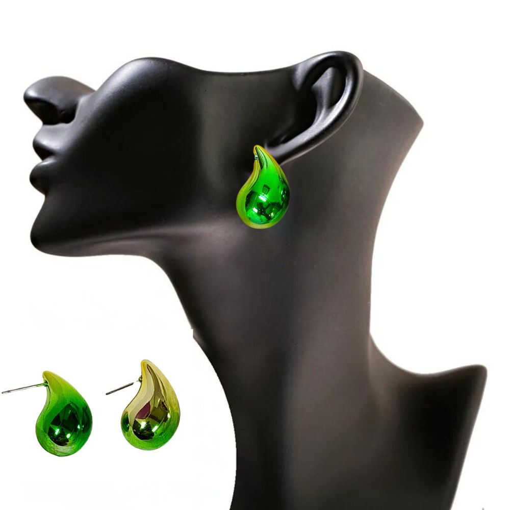 Dual Metallic Colored Chunky Tear Drop Fashion Jewelry Earrings For Women & Girls - Green Gold