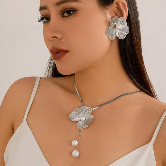 Jewelryklub Silver Floral Pearl Necklace and Earring Set – Elegant Statement Jewelry for Women & Girls