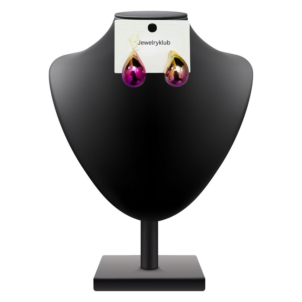 Dual Metallic Colored Chunky Tear Drop Fashion Jewelry Earrings For Women & Girls - Dark Pink Gold