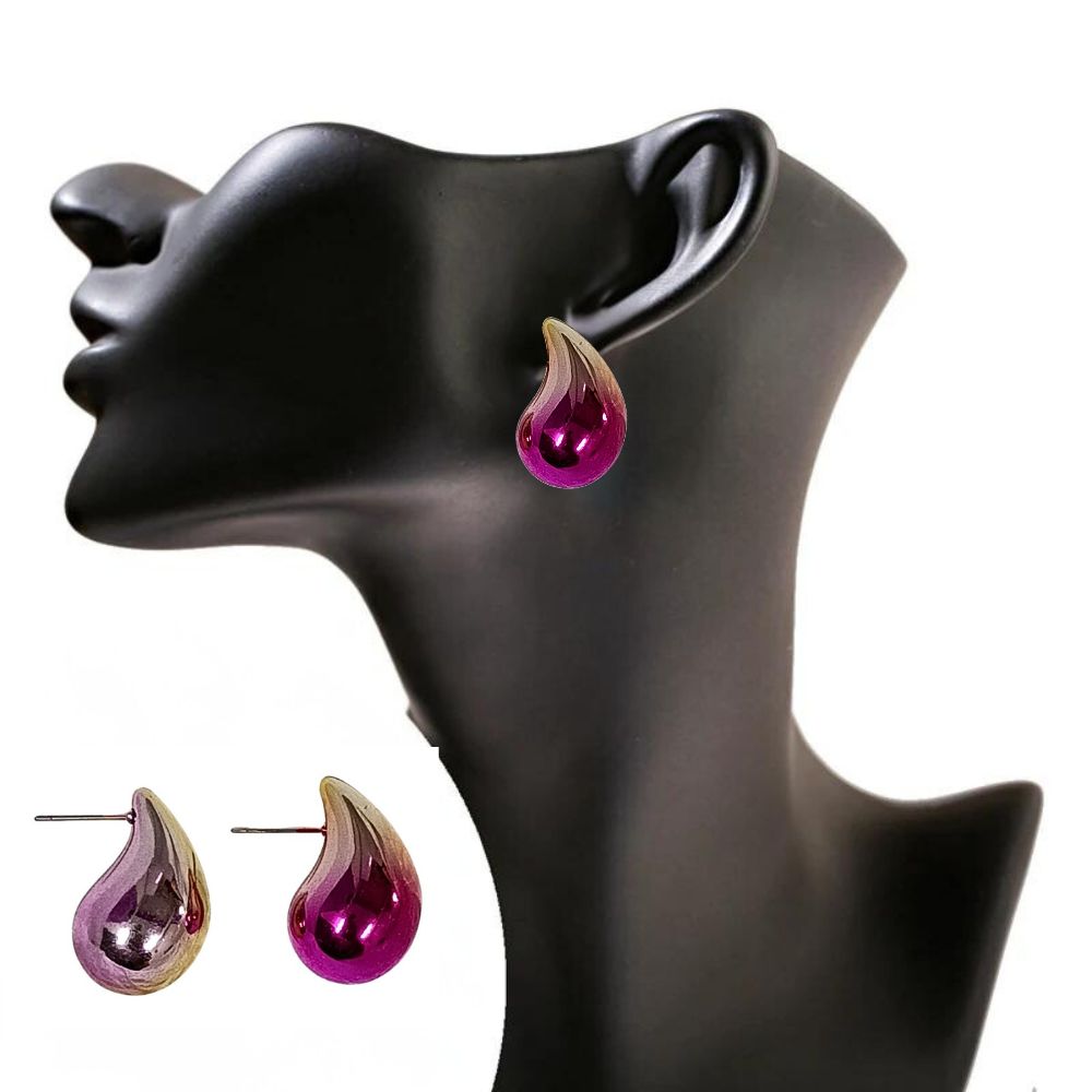 Dual Metallic Colored Chunky Tear Drop Fashion Jewelry Earrings For Women & Girls - Dark Pink Gold