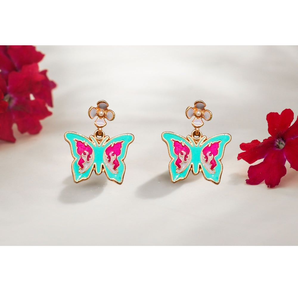 Jewelryklub Rose Gold Toned Multicolored Butterfly Charm Pearl Drop Stud Earrings For Women And Girls Design 6