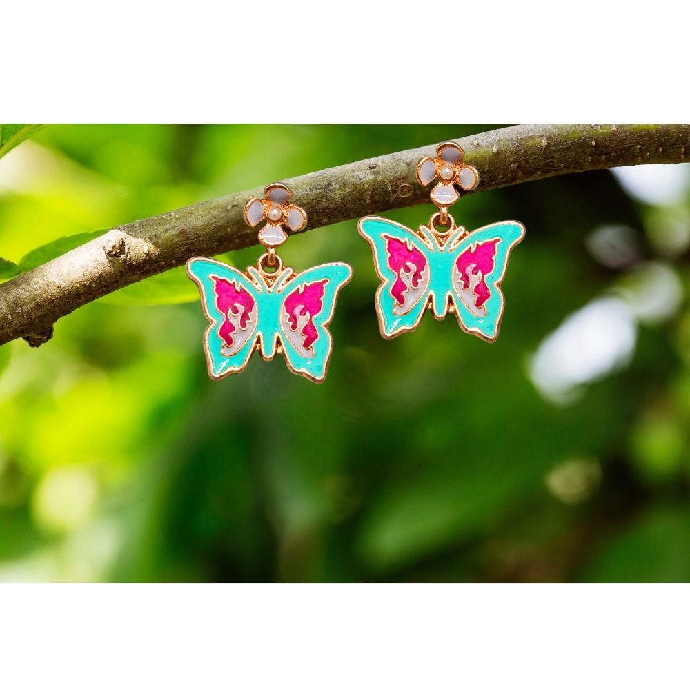 Jewelryklub Rose Gold Toned Multicolored Butterfly Charm Pearl Drop Stud Earrings For Women And Girls Design 6