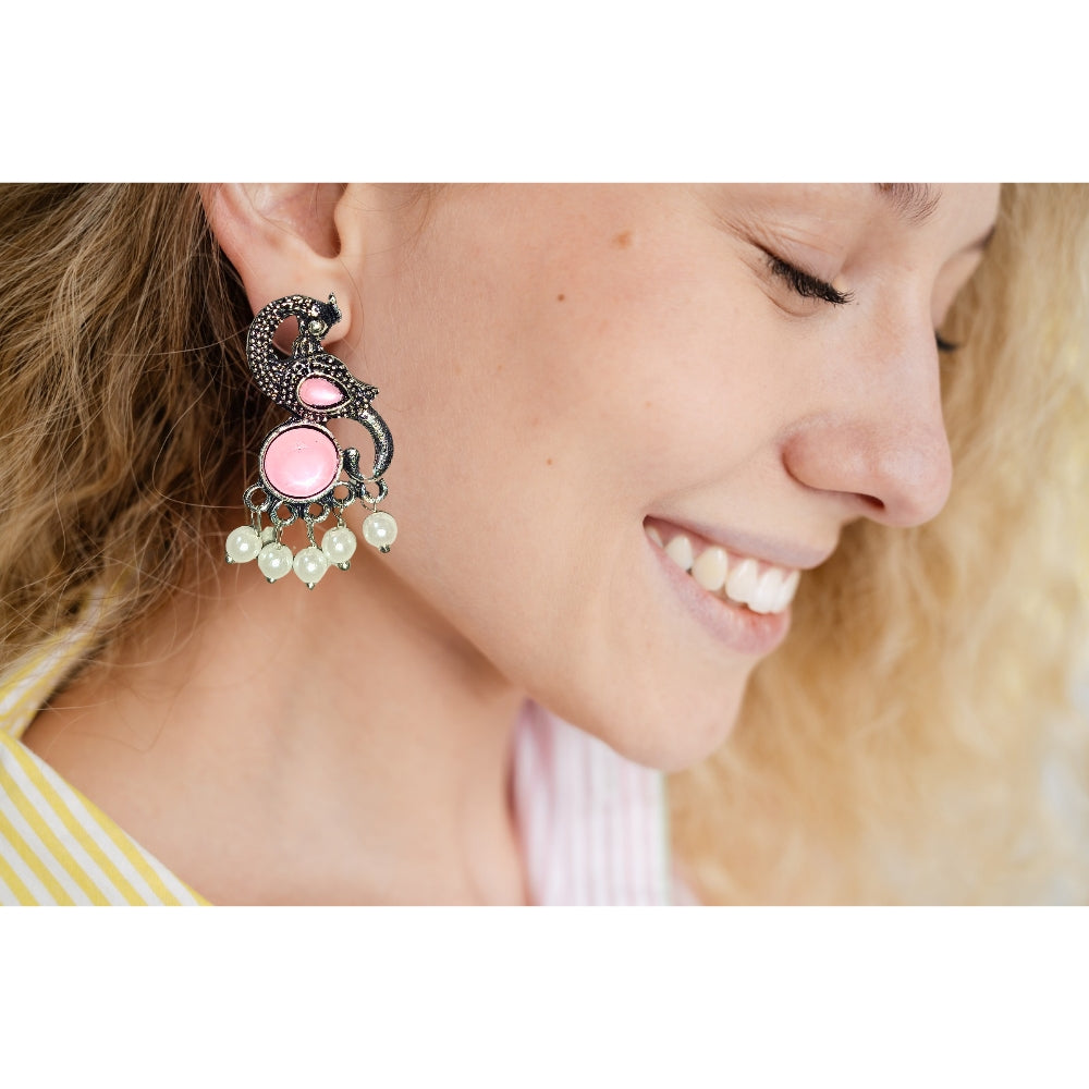 Jewelryklub Earrings For Women Oxidised Silver Peacock Shape Jhumki Earrings For Girls And Women Light Pink