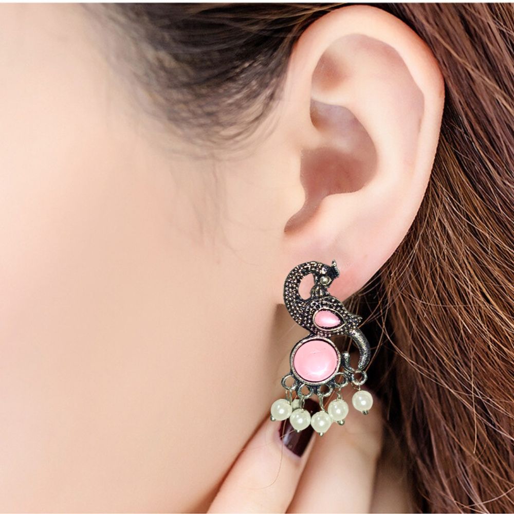 Jewelryklub Earrings For Women Oxidised Silver Peacock Shape Jhumki Earrings For Girls And Women Light Pink