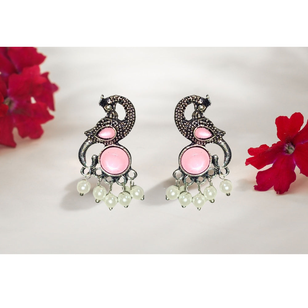 Jewelryklub Earrings For Women Oxidised Silver Peacock Shape Jhumki Earrings For Girls And Women Light Pink