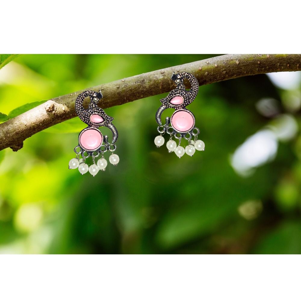 Jewelryklub Earrings For Women Oxidised Silver Peacock Shape Jhumki Earrings For Girls And Women Light Pink