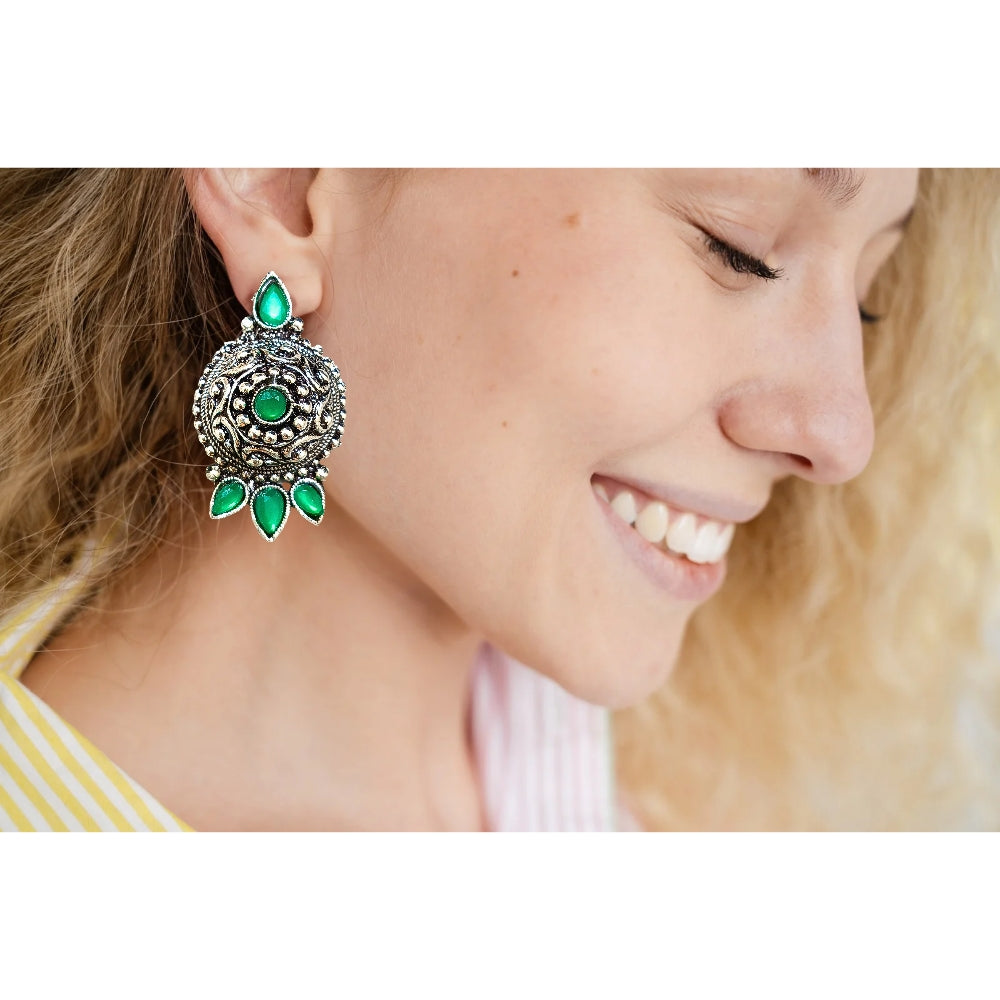 Oxidised Silver Jhumki Earrings For Girls And Women Round Shape With Stones (Green)