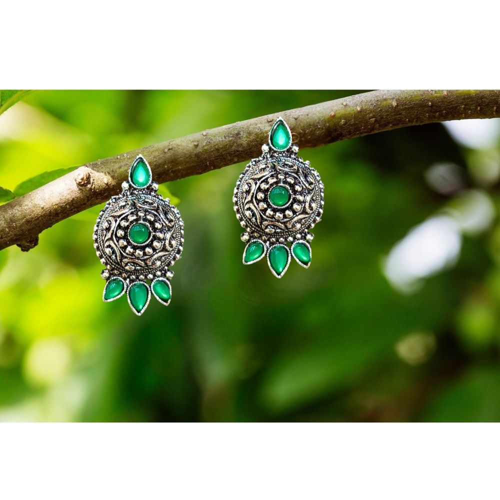 Oxidised Silver Jhumki Earrings For Girls And Women Round Shape With Stones (Green)