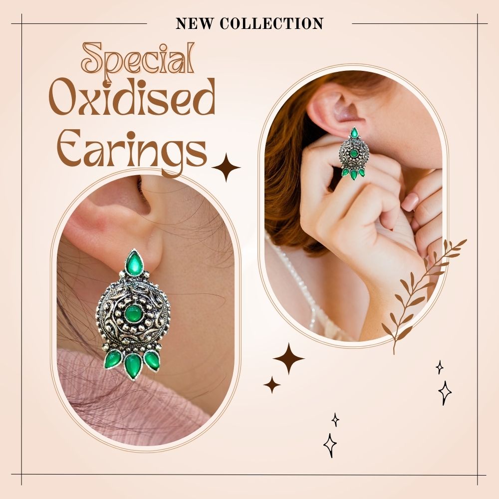 Oxidised Silver Jhumki Earrings For Girls And Women Round Shape With Stones (Green)