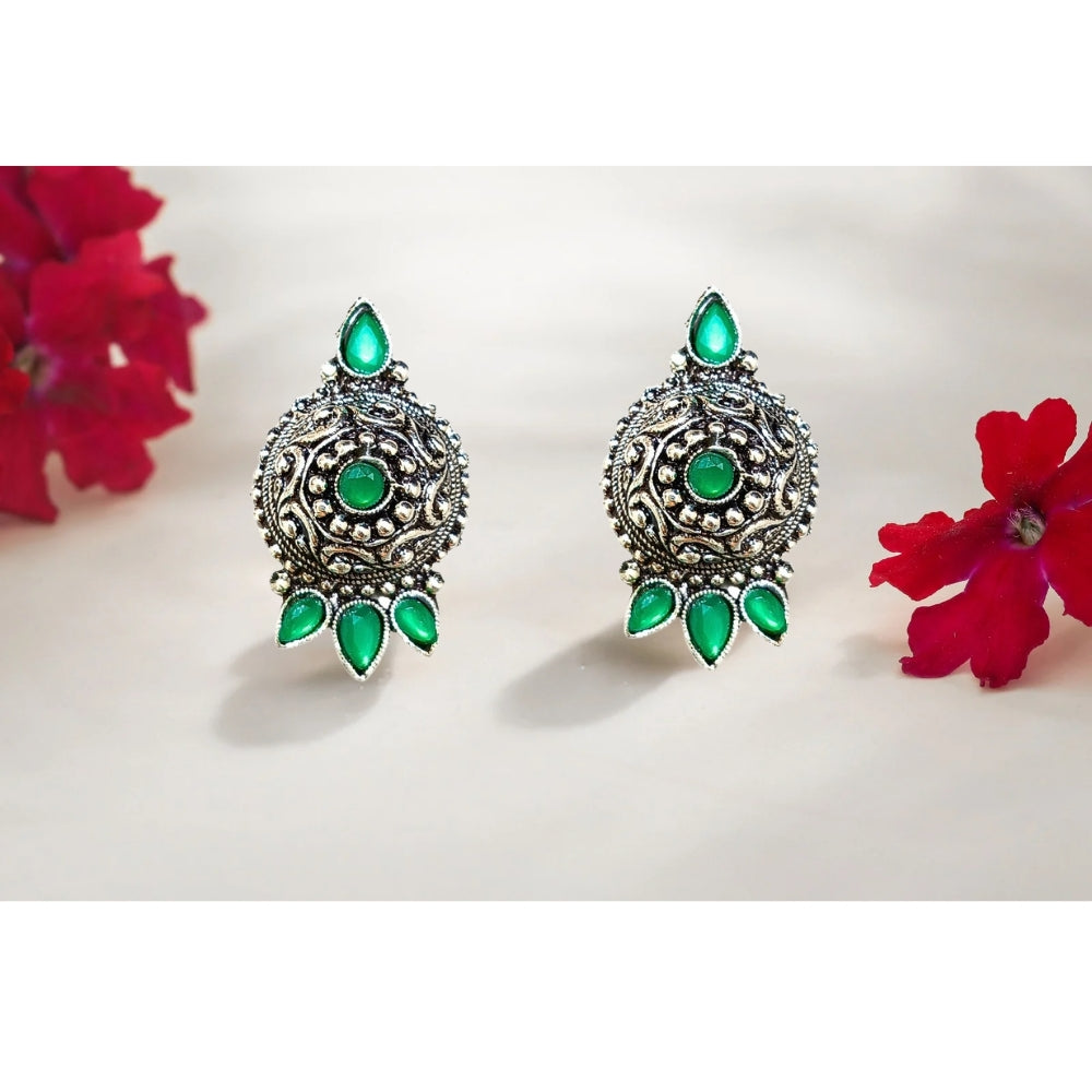 Oxidised Silver Jhumki Earrings For Girls And Women Round Shape With Stones (Green)