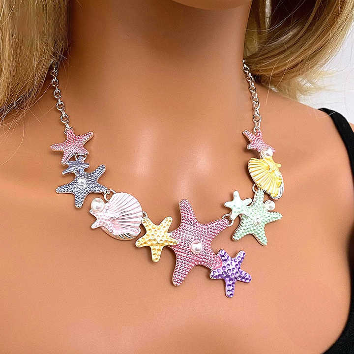 Vibrant Starfish & Seashell Necklace – Coastal Charm Statement Jewelry For Women & Girls