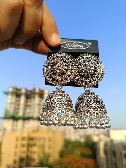 Oxidised Silver Jhumka Earrings For Girls And Women Round Design