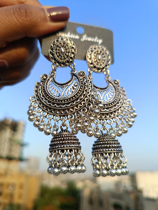 Oxidised Silver Jhumka Earrings For Girls And Women Round Design Half Moon Design