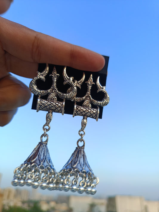 Oxidised Silver Jhumka Earrings For Girls And Women Shiva Trishul Design