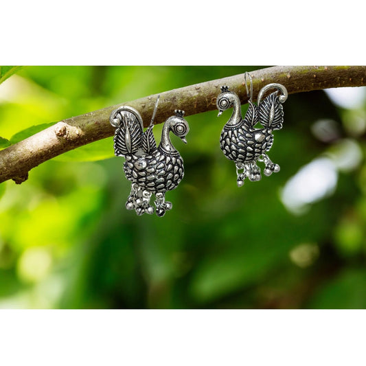 Oxidised Silver Jhumka Earrings For Girls And Women Peacock Shape