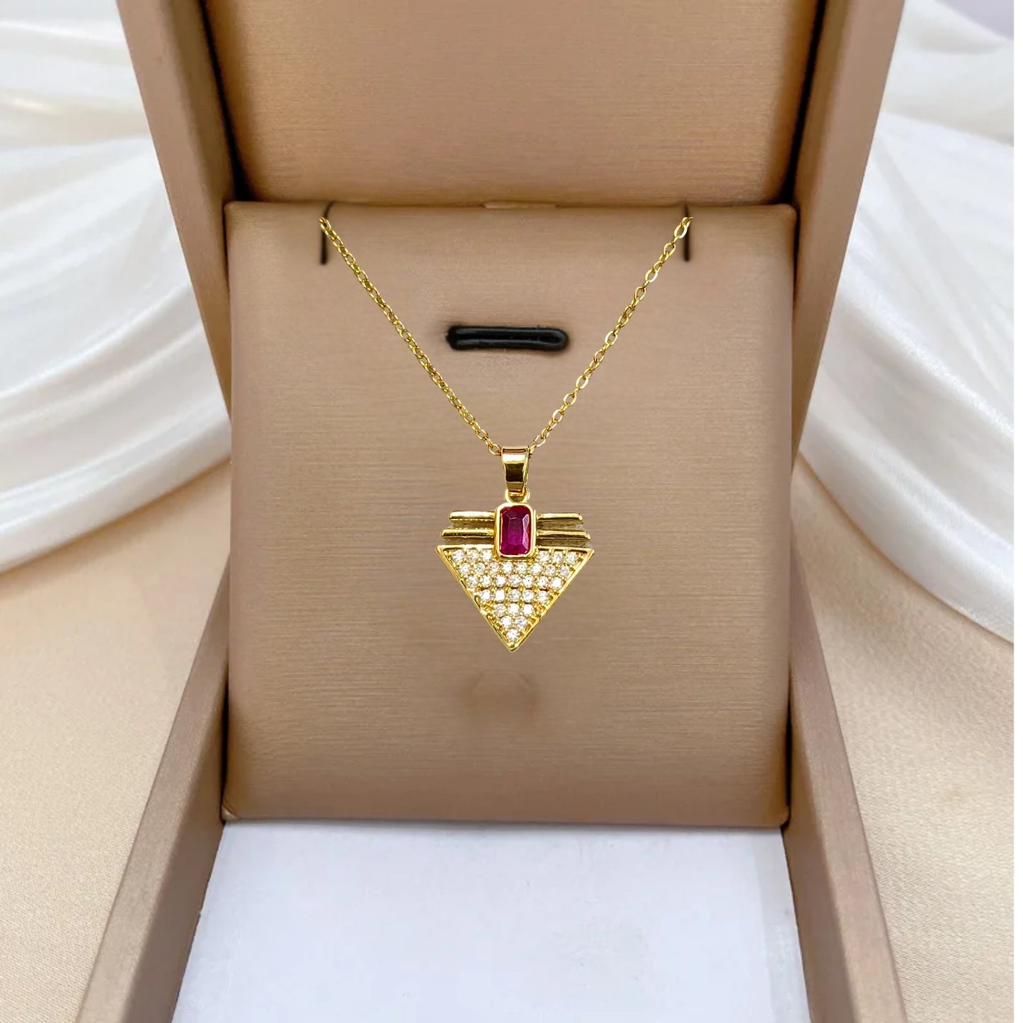 Anti Tarnish Fashion Stainless Steel Crystals with Red Gemstone Pendant Necklace Chain For Girls & Women