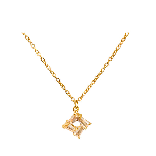 Gold geometric pendant necklace with diamond-inspired baguette accents on a delicate chain, ideal for minimalist and elegant fashion.