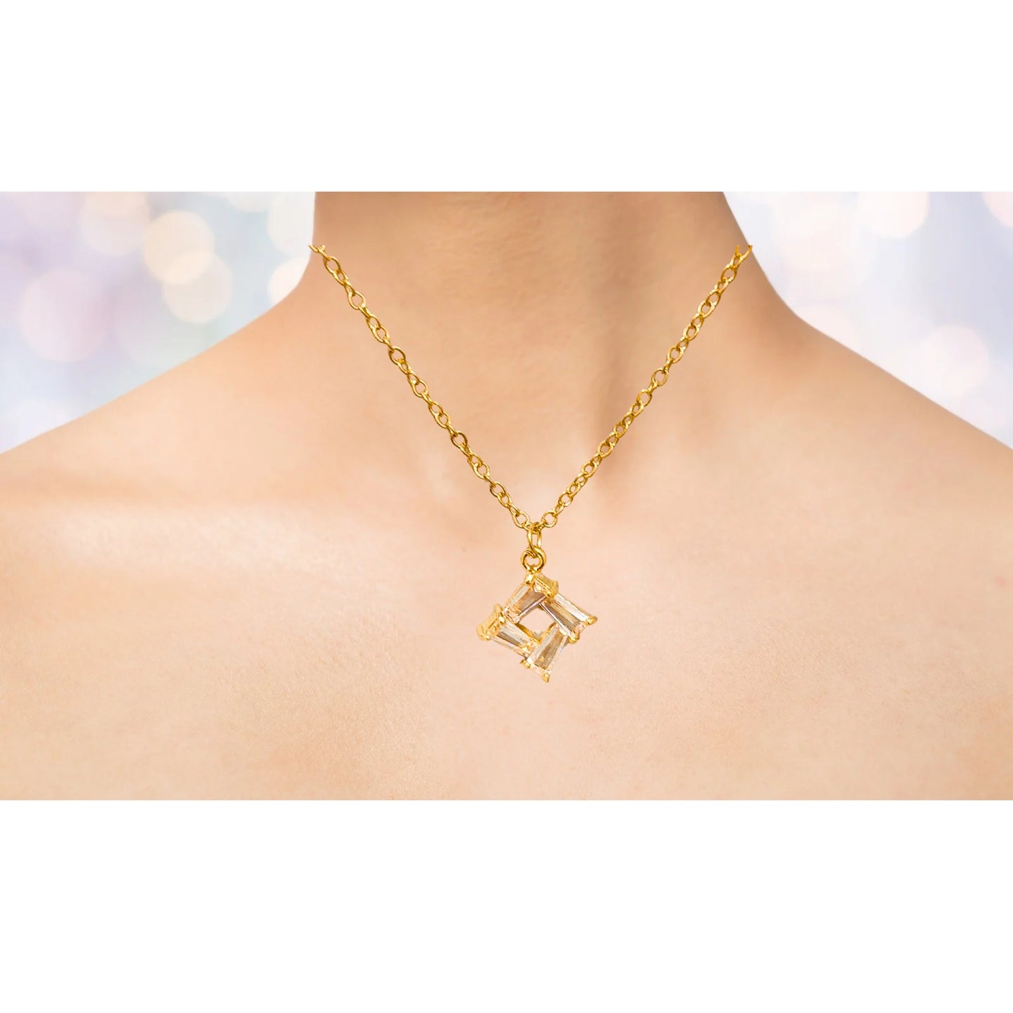 Rose Gold Plated Stainless Steel Square Crystal Pendant Necklace – Anti-Tarnish Elegance for Teens & Adults