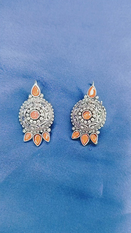 Oxidised Silver Jhumki Earrings For Girls And Women Round Shape With Stones (Red)