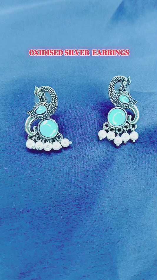 Charming Blue Stone Peacock Earrings with Pearl Danglers – Ethnic Festive Jewelry