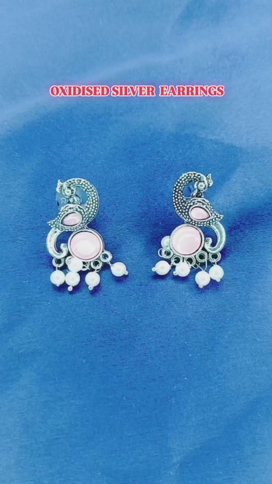 Elegant Pink Stone Peacock Earrings with Pearl Danglers – Statement Ethnic Jewelry