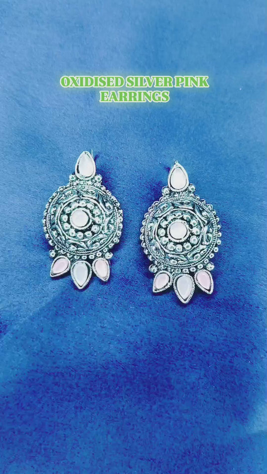 Oxidised Silver Jhumki Earrings For Girls And Women Round Shape With Stones (Pink)