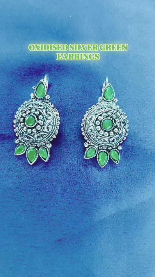 Oxidised Silver Jhumki Earrings For Girls And Women Round Shape With Stones (Green)