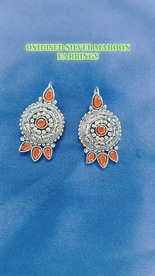 Oxidised Silver Jhumki Earrings For Girls And Women Round Shape With Stones (Maroon)