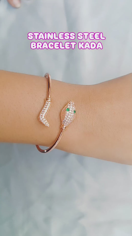 Rose Gold Snake Bracelet with Green Crystal Eyes – Elegant Serpent Open Bracelet Kada Anti Tarnish Everyday Wear Jewellery For Women & Girls