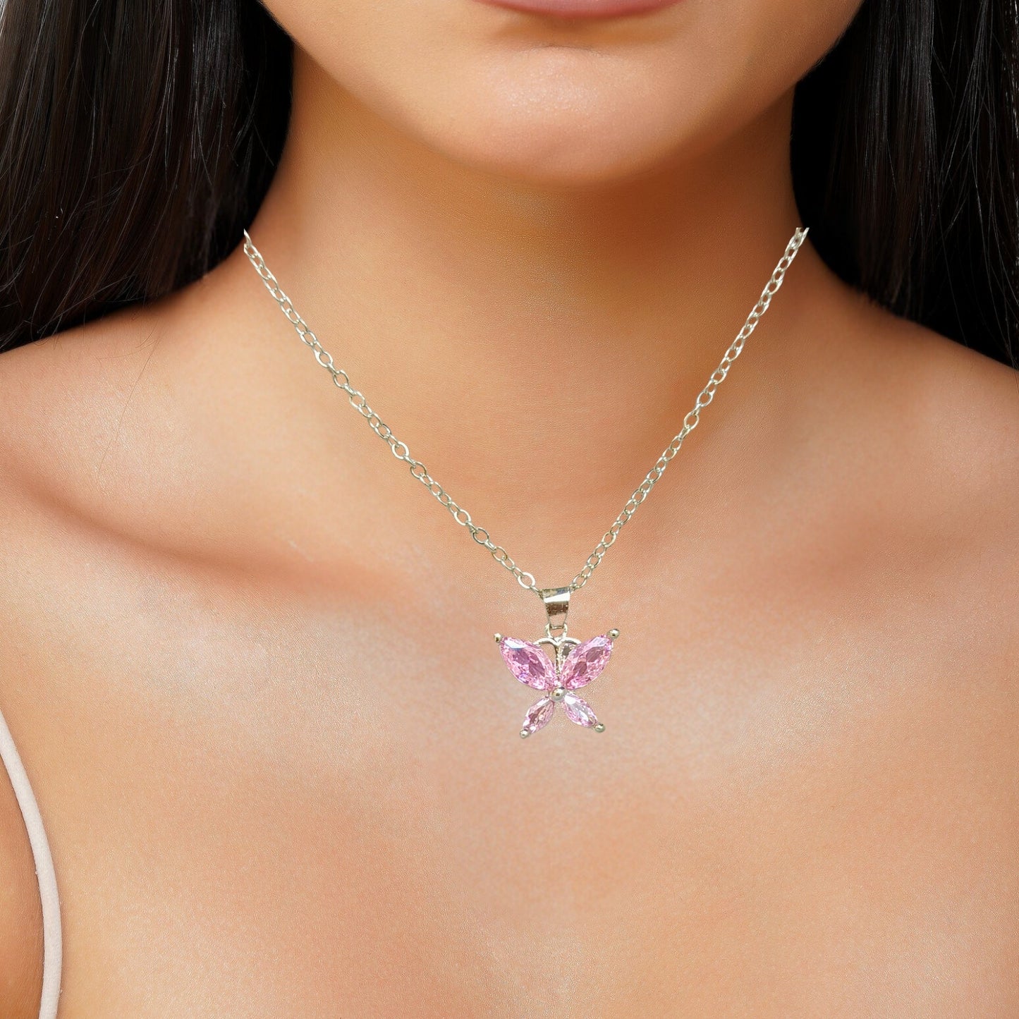 Sparkling Butterfly Pink Crystal Pendant Necklace – Dainty Elegance for Everyday Chic Anti Tarnish Jewelry