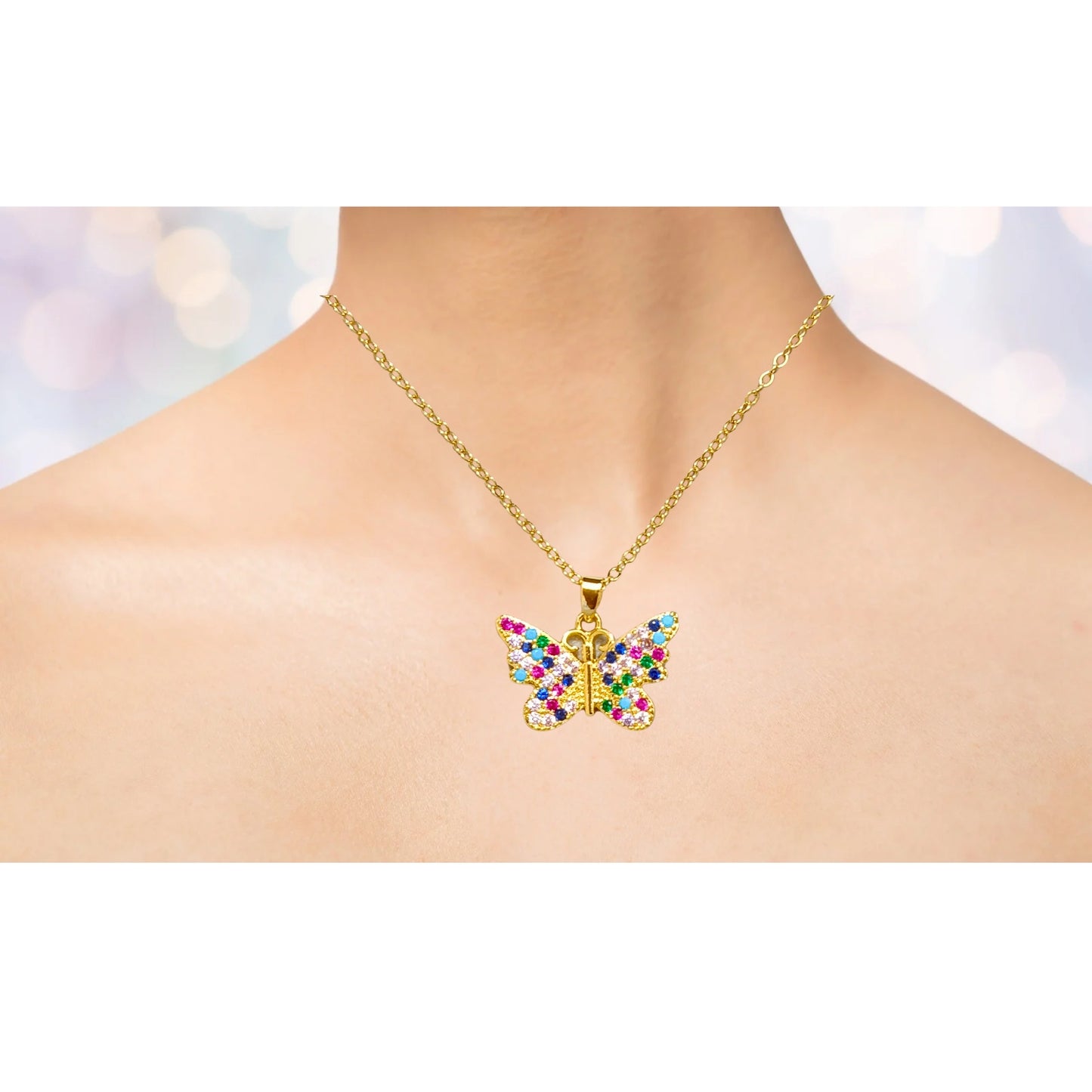 Anti Tarnish Fashion Stainless Steel Multicolor Zircon Butterfly Shaped Pendant Necklace Chain For Girls & Women