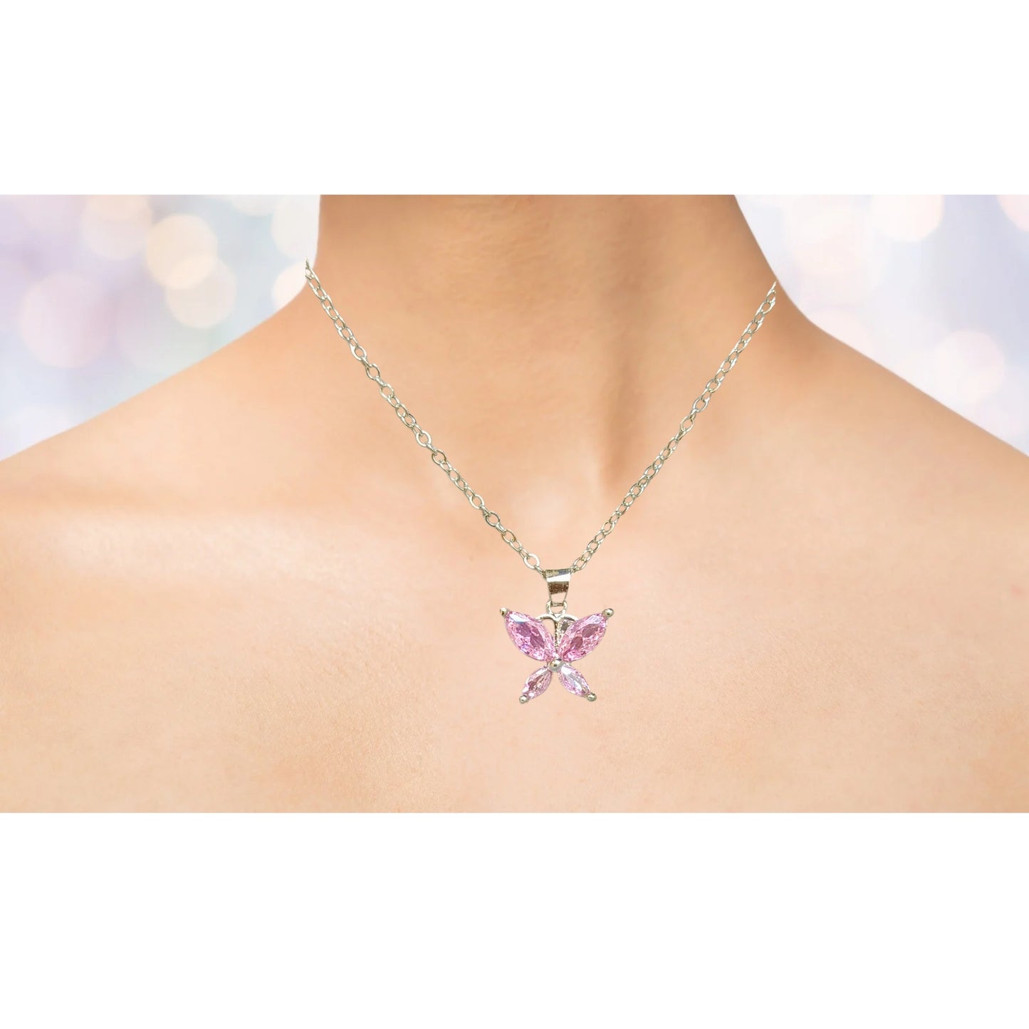 Sparkling Butterfly Pink Crystal Pendant Necklace – Dainty Elegance for Everyday Chic Anti Tarnish Jewelry