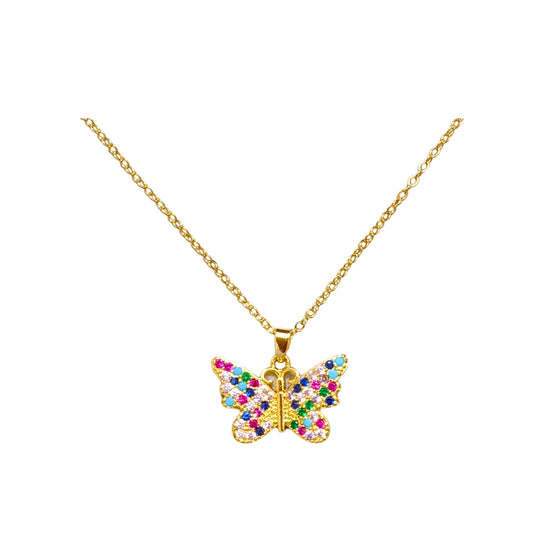 Anti Tarnish Fashion Stainless Steel Multicolor Zircon Butterfly Shaped Pendant Necklace Chain For Girls & Women