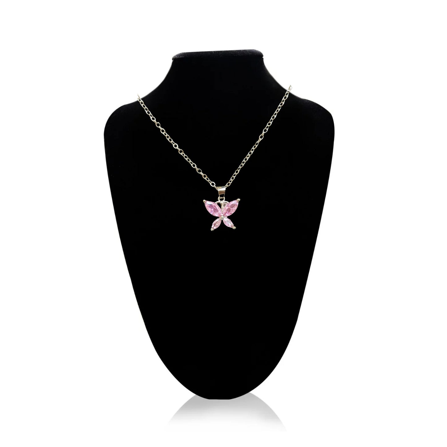 Sparkling Butterfly Pink Crystal Pendant Necklace – Dainty Elegance for Everyday Chic Anti Tarnish Jewelry